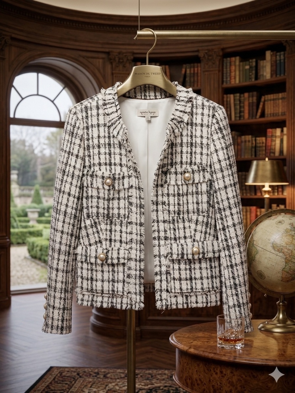Black & White Tweed Frayed-Trim Pearl-Button Jacket
